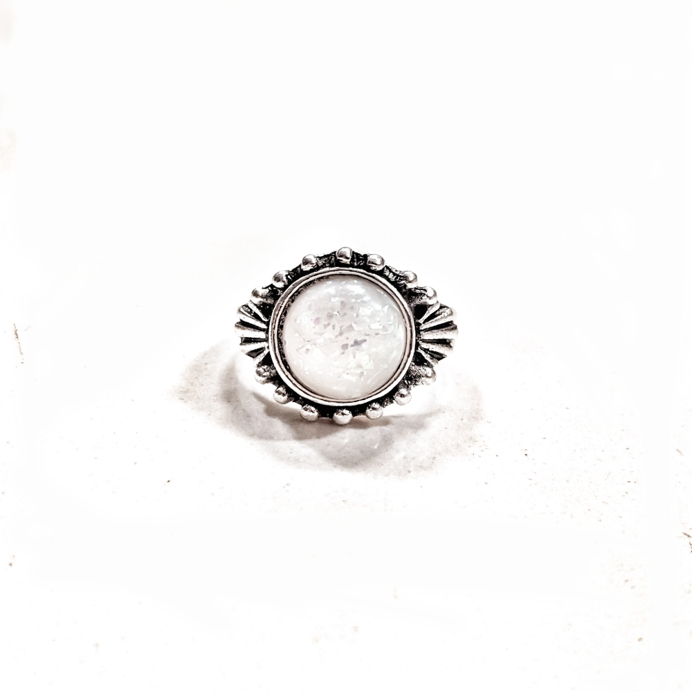 Silver Simulated Opal Ring Size 6